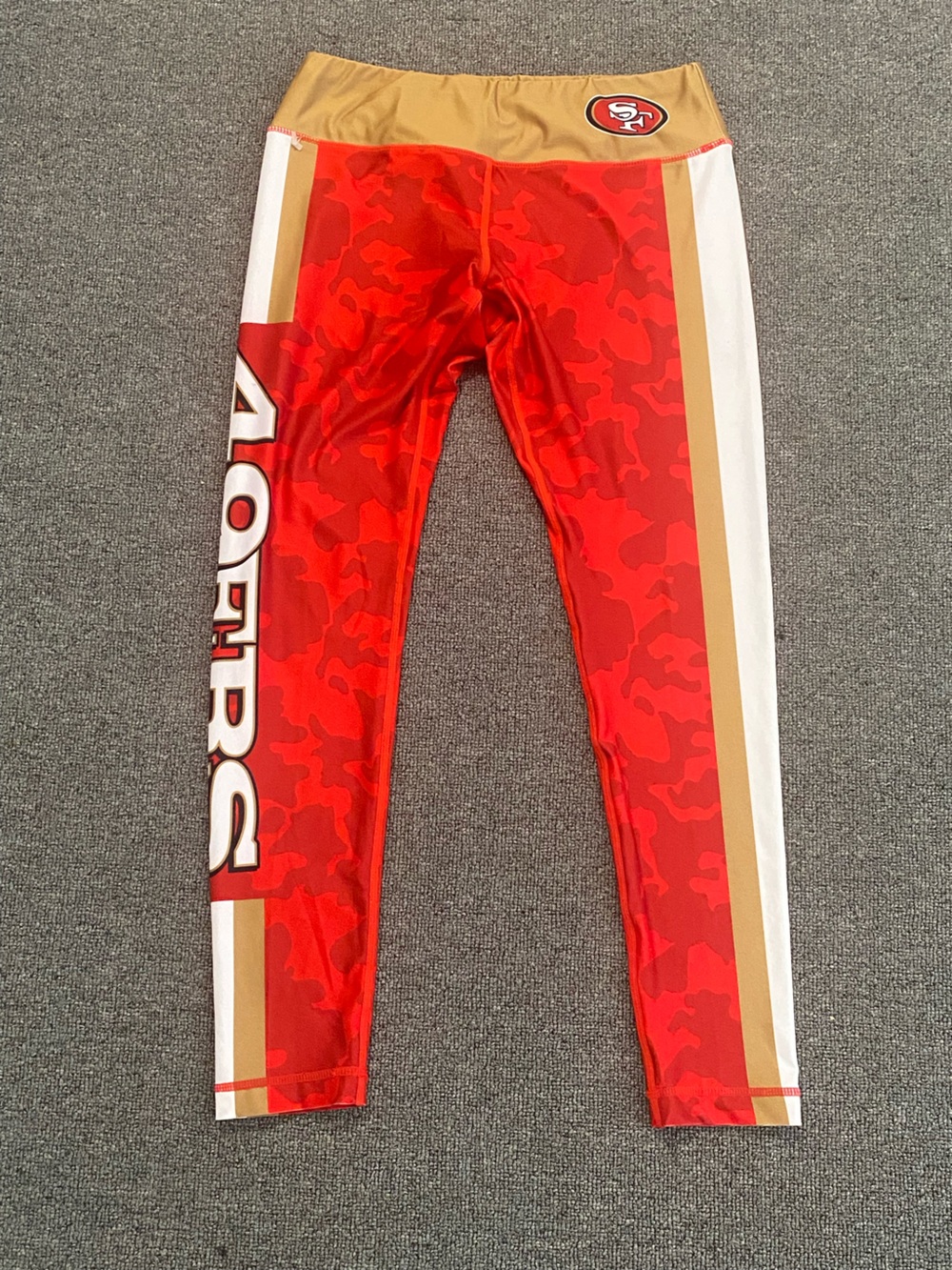 Women Red Camo Leggings with Gold Stripe and Team Logo